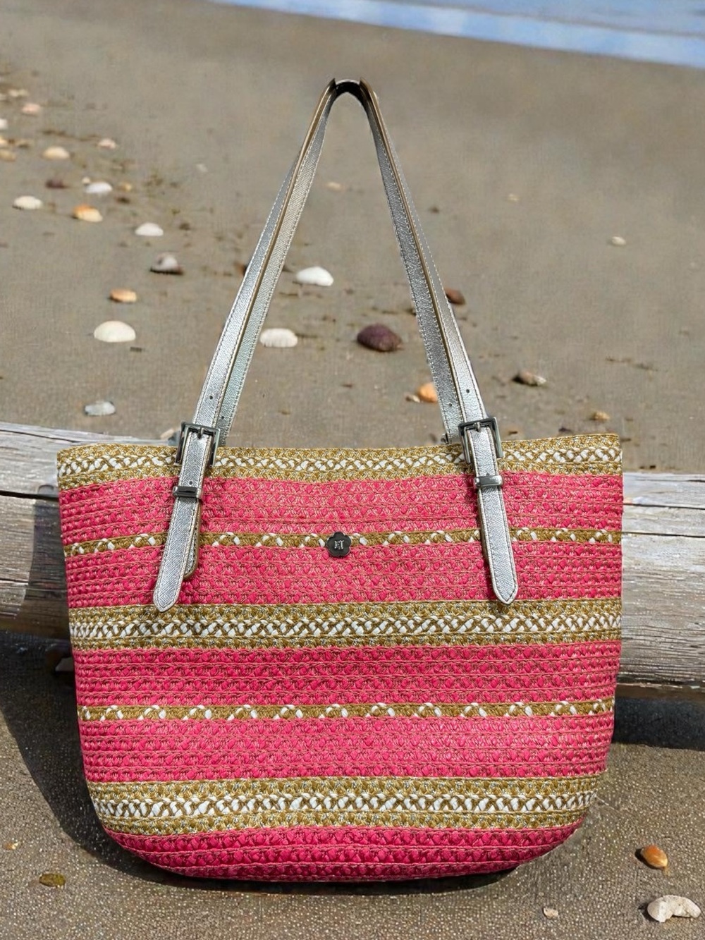 Eric Javits Pink and Gold Signature Squishee Woven Tote